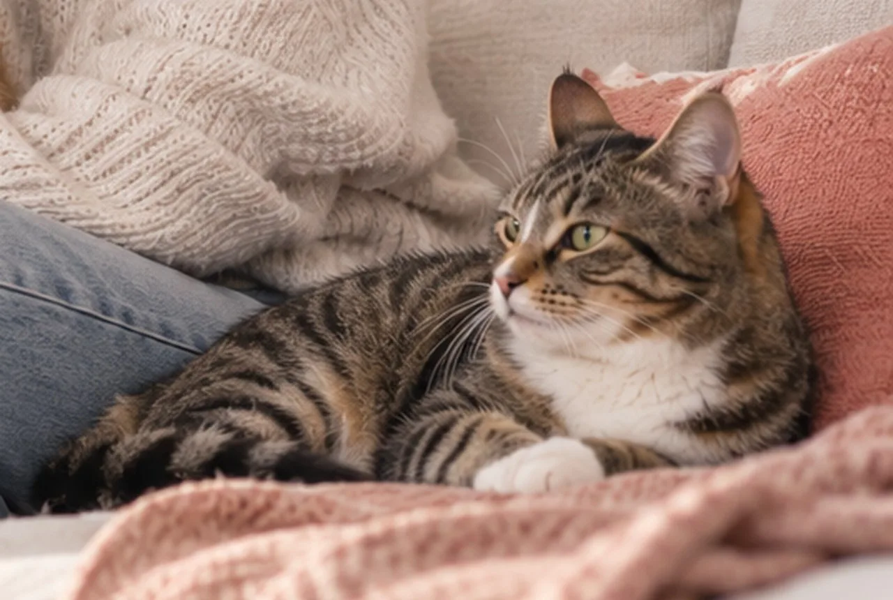 Tabby cat resting beside its owner on a knitted blanket